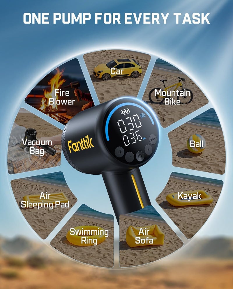 Fanttik X9 Classic Inflator/Blower 2-IN-1, Tire Inflator Portable Air Compressor with Light and Power Bank, 150PSI Cordless Air Pump for Car, Motorcycle, Bike, Ball, Air Mattress, Kayak, Swimming Ring - Image 2